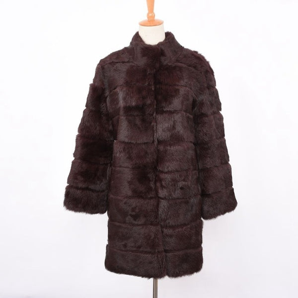 Jancoco Max 2019 New Winter Real Rabbit Fur Jacket Warm Soft Long Fur Coat Women Christmas Dress S1675